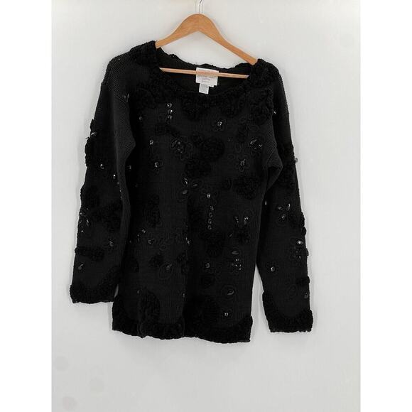 VINTAGE JENNIFER REED HAND KNIT PETITE SMALL BLACK SEQUIN EMBELLISHED SWEATER - Picture 3 of 9